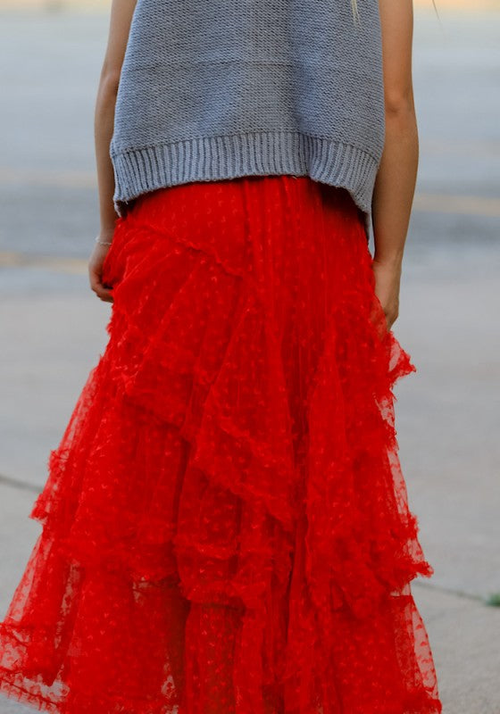 Elegant Flattering Mesh Ruffled Maxi Skirt