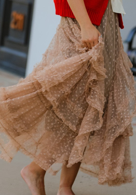 Elegant Flattering Mesh Ruffled Maxi Skirt