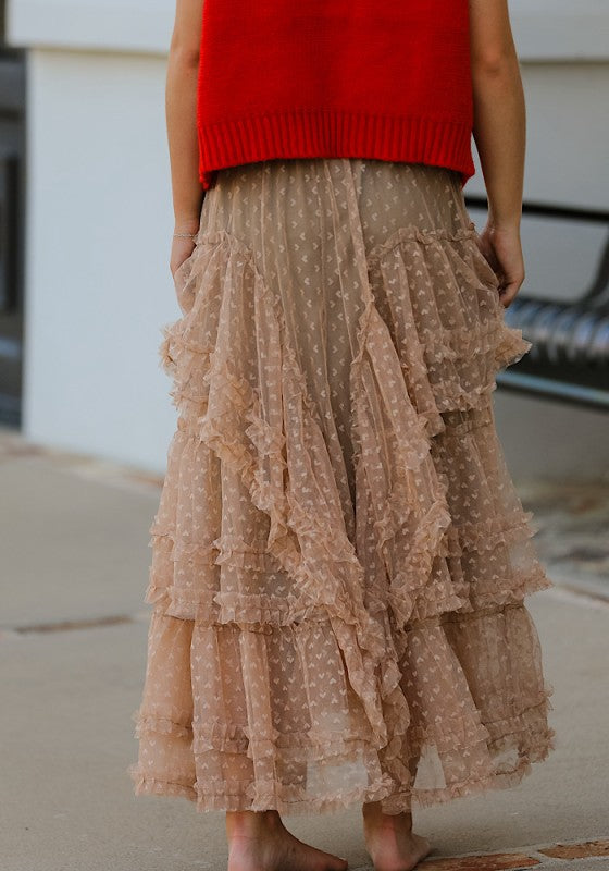 Elegant Flattering Mesh Ruffled Maxi Skirt