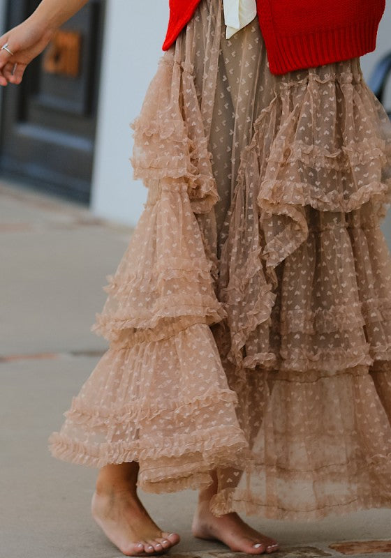 Elegant Flattering Mesh Ruffled Maxi Skirt