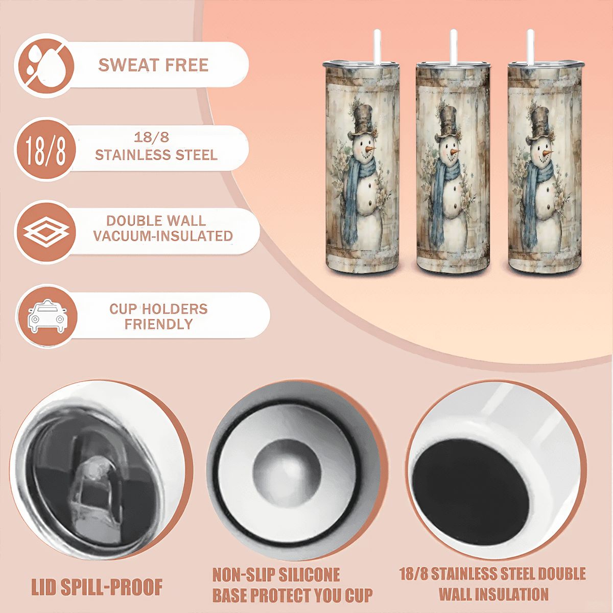 Watercolor Snowman 20oz Straight Stainless Steel Tumbler with Straw (Made in USA)