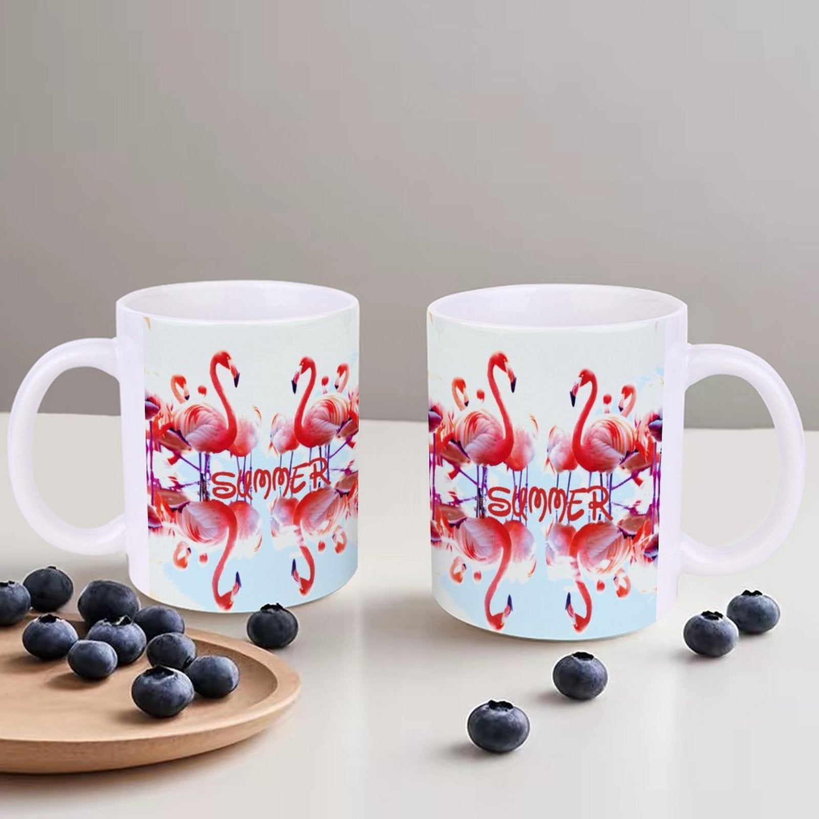 Pink Flamingos Summer Design 14oz White Ceramic Mug with Handle (Made in USA)