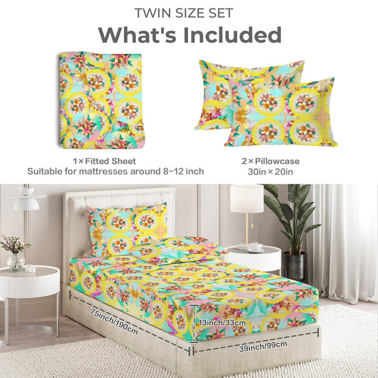 Circle Floral Pastel Pattern Twin Bedding Set (Fitted Sheet + Pillowcases) | Ships from USA