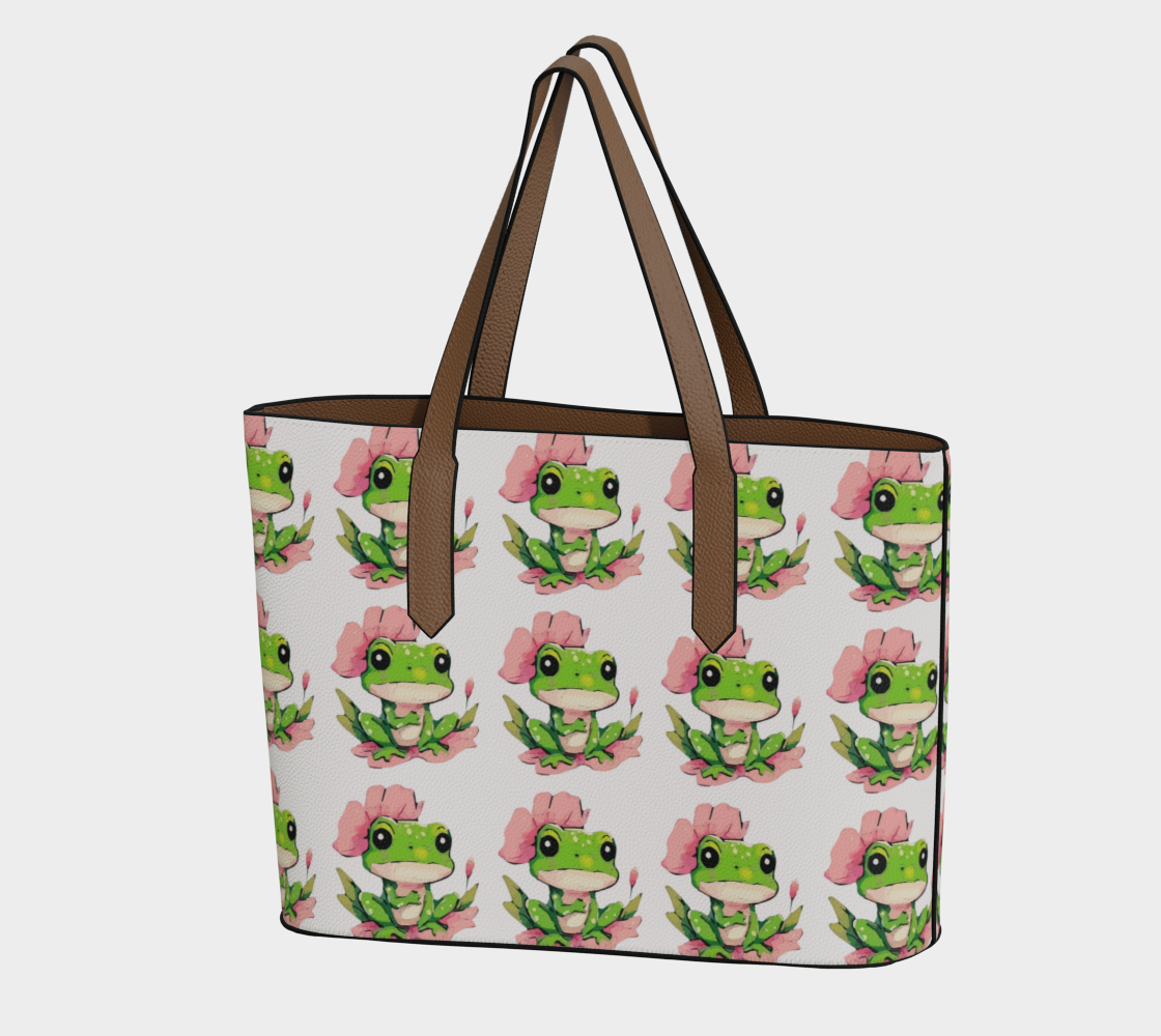 Green Frog on Pink Lily Pad Large Vegan Leather Tote Bag