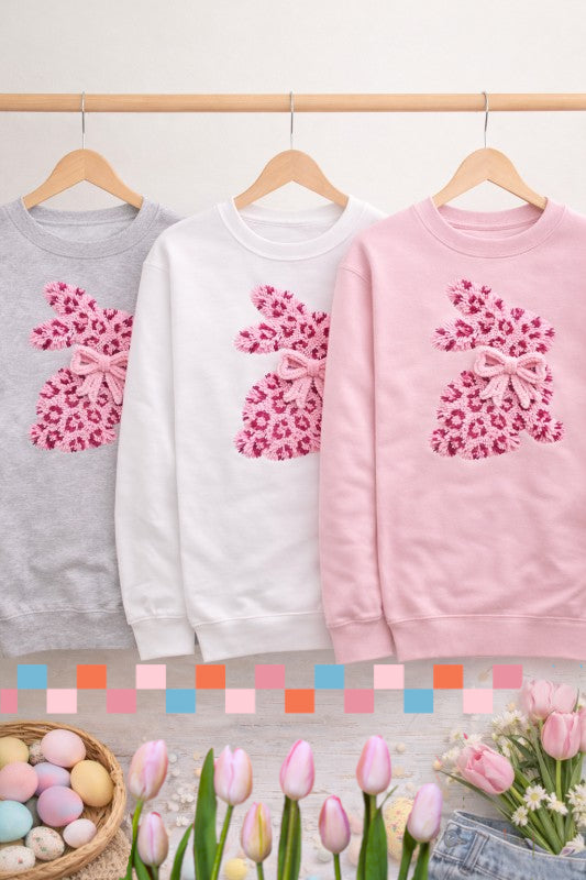 Women's Faux Yarn Easter Bunny Leopard Print Graphic Sweatshirt