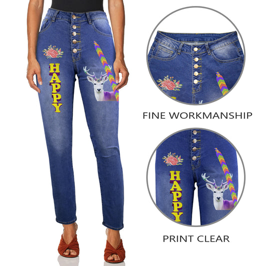 Happy Deer Women's Graffiti Design Jeans | Front Print