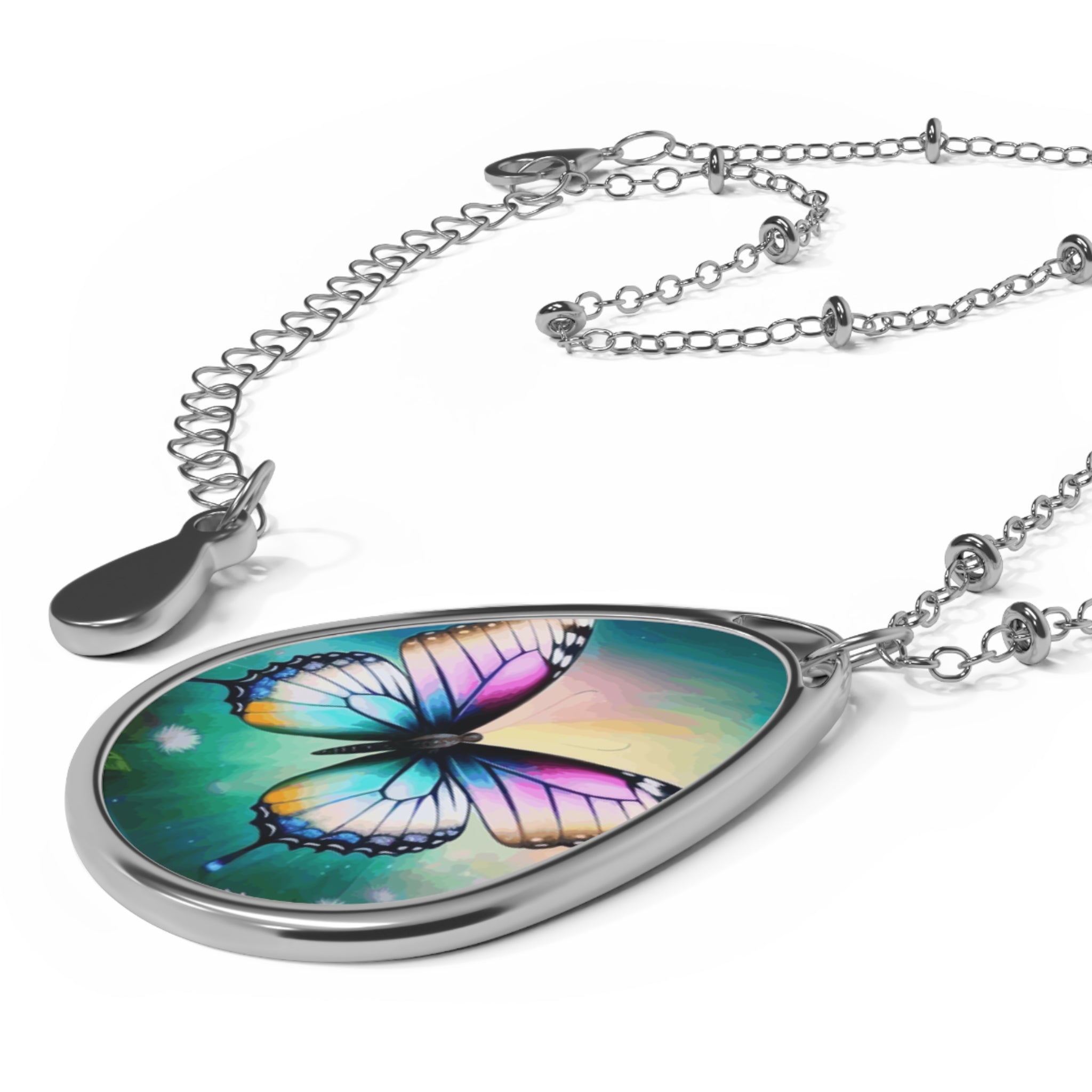 Beautiful Butterfly and Daisies Oval Necklace
