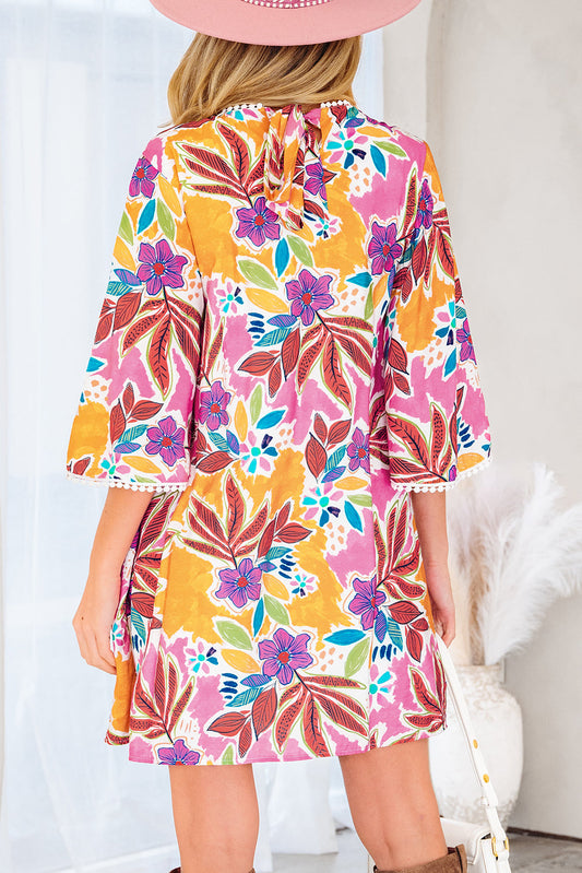 Floral Lace Trim 3/4 Sleeve Tie-Back Mini Dress