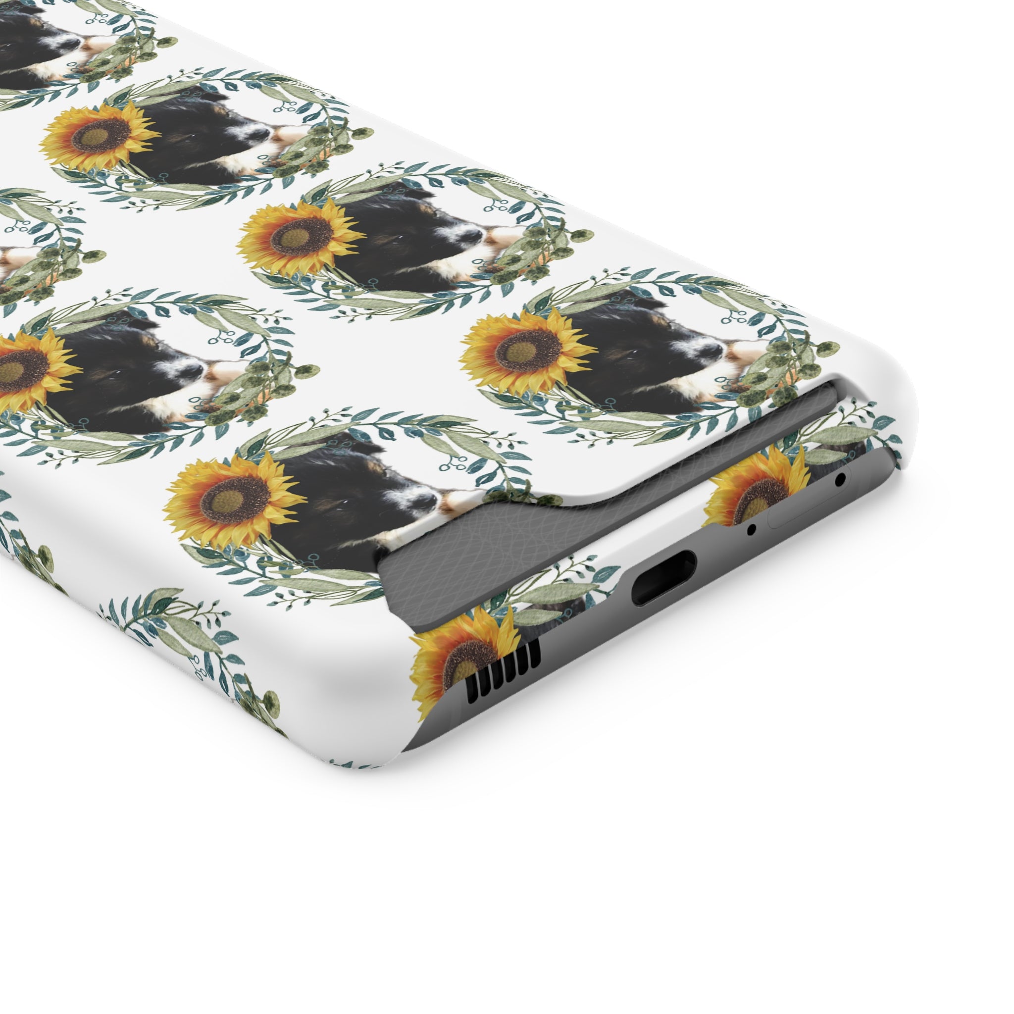 Cute Black Puppy with Sunflowers Phone Case With Card Holder