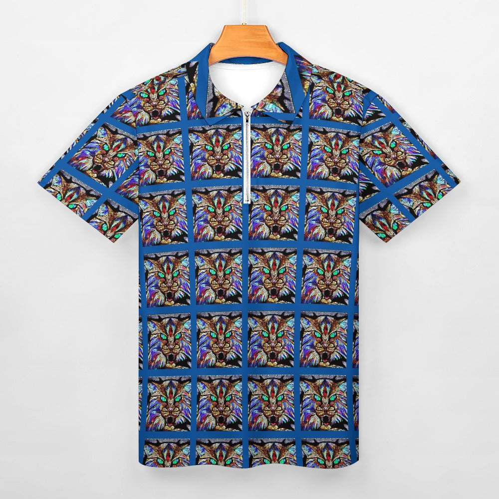 Men's Blue Wildcat Pattern Short Sleeve Polo Shirt