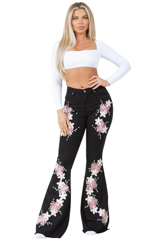 Women's Angela Bell Bottom Floral Jeans in Black