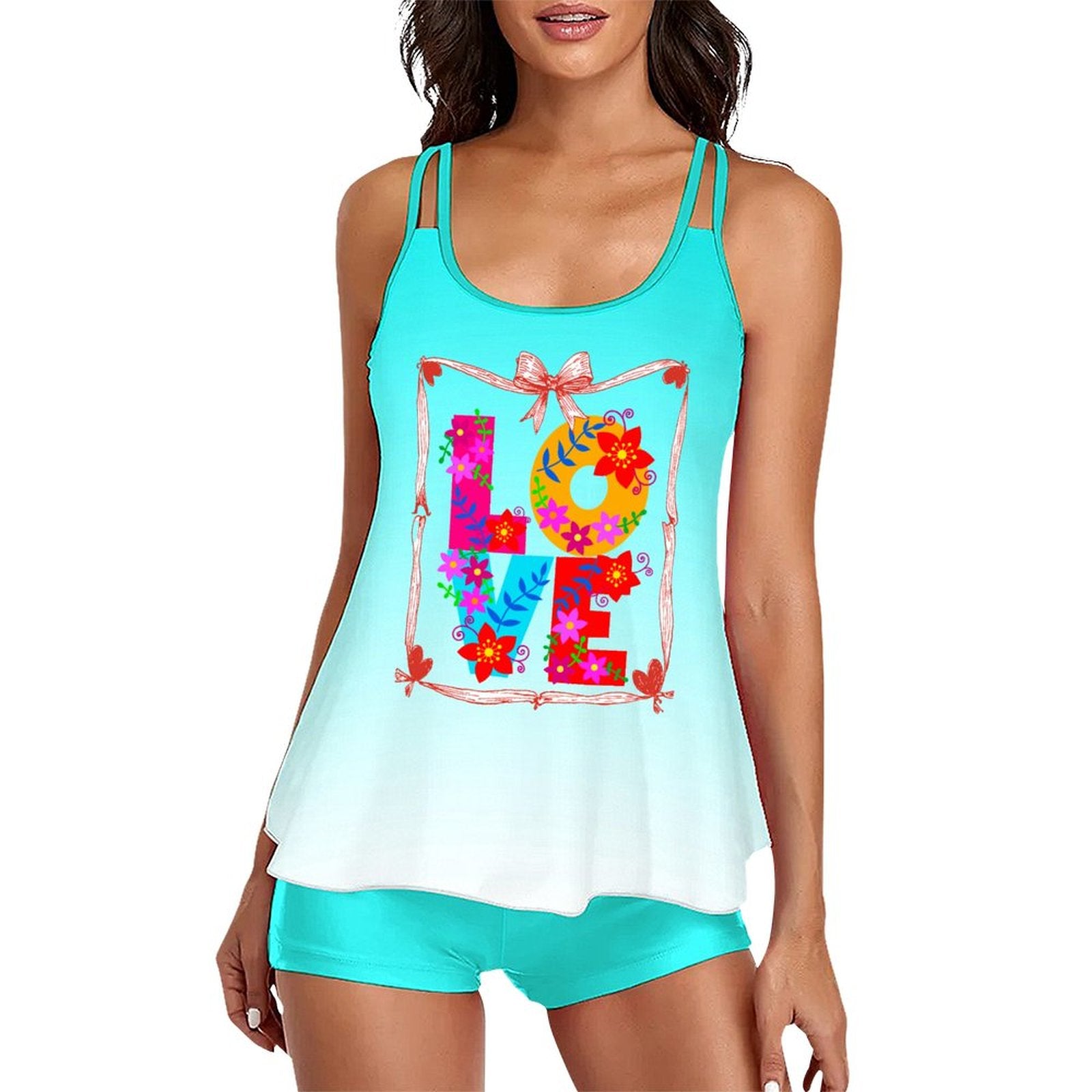Floral LOVE Tankini Two-Piece Swimsuit for Women (Front Printing)