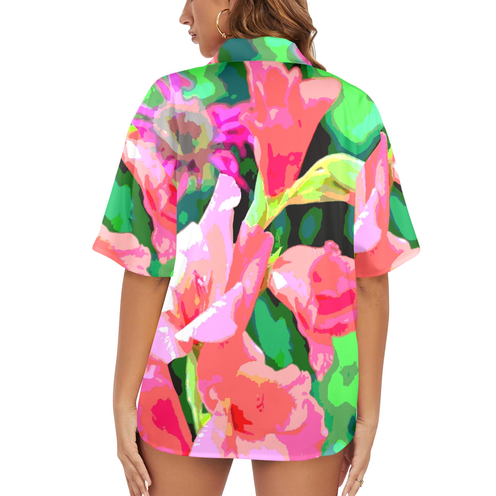 Women's Pink Flowers Hawaiian Shirt (Made in USA)