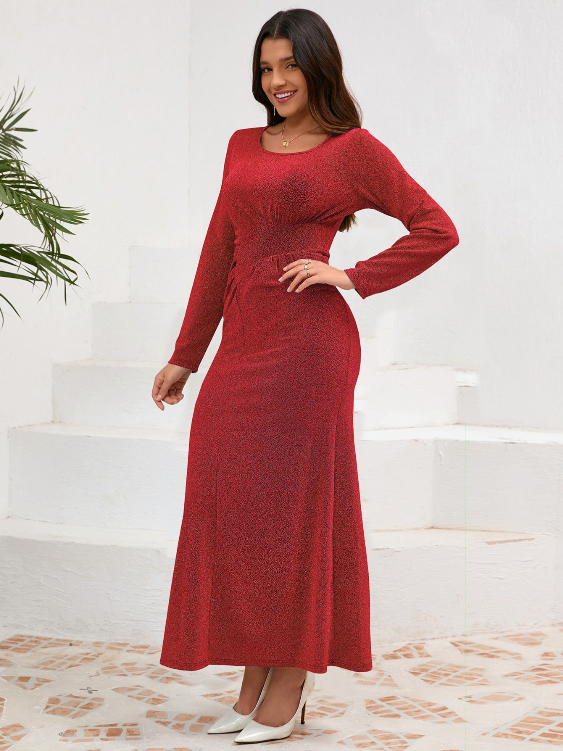 Women's Ruched Round Neck Long Sleeve Dress