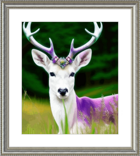 Majestic White and Purple Deer with Large Antlers Framed Print - Shell Design Boutique