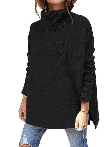 Women's Black Side Split Turtleneck Sweater