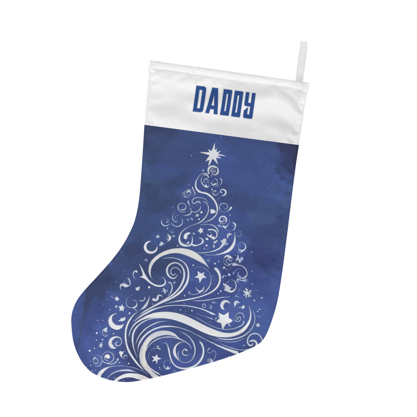 Personalizable Silver Swirls Christmas Tree on Blue Christmas Stocking (Made in USA)