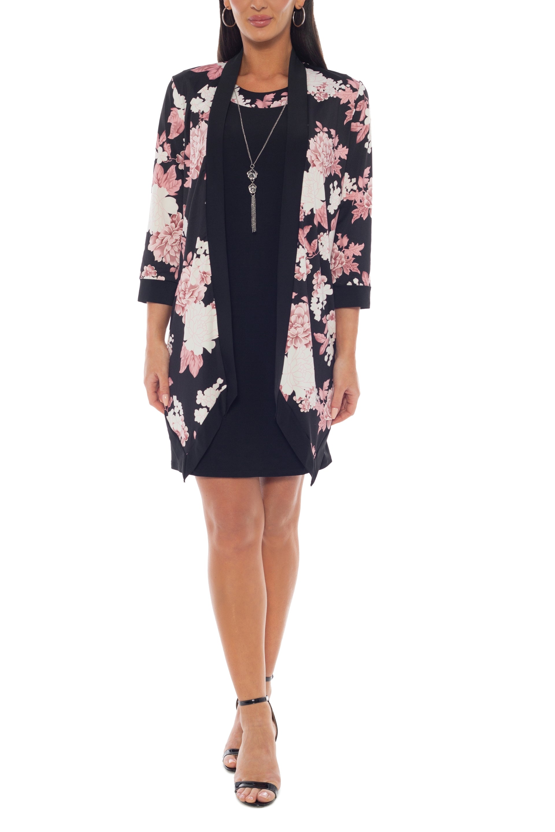 Marina Scoop Neck Sleeveless Sheath Silhouette Top With Open Front Floral Print Jacket