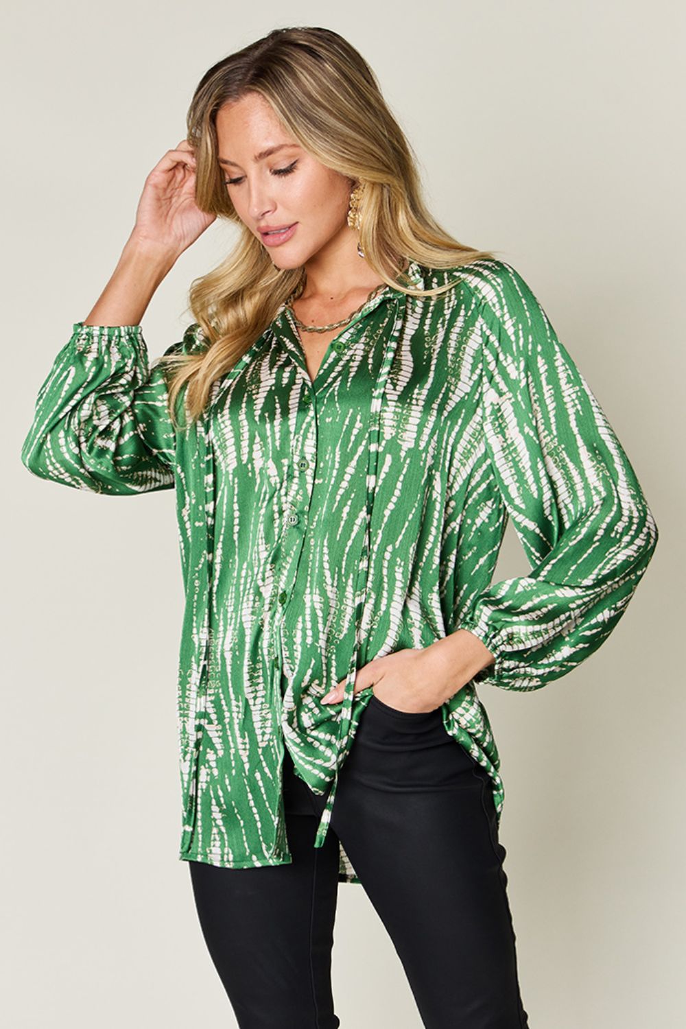 Women's Double Take Printed Button Up Long Sleeve Shirt