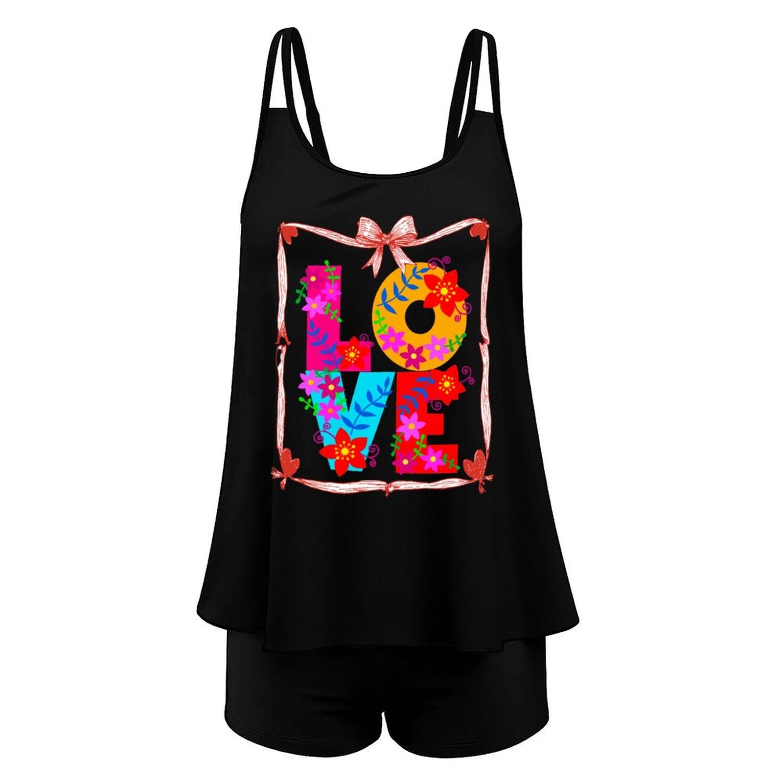 Floral LOVE Tankini Two-Piece Swimsuit for Women (Front Printing)
