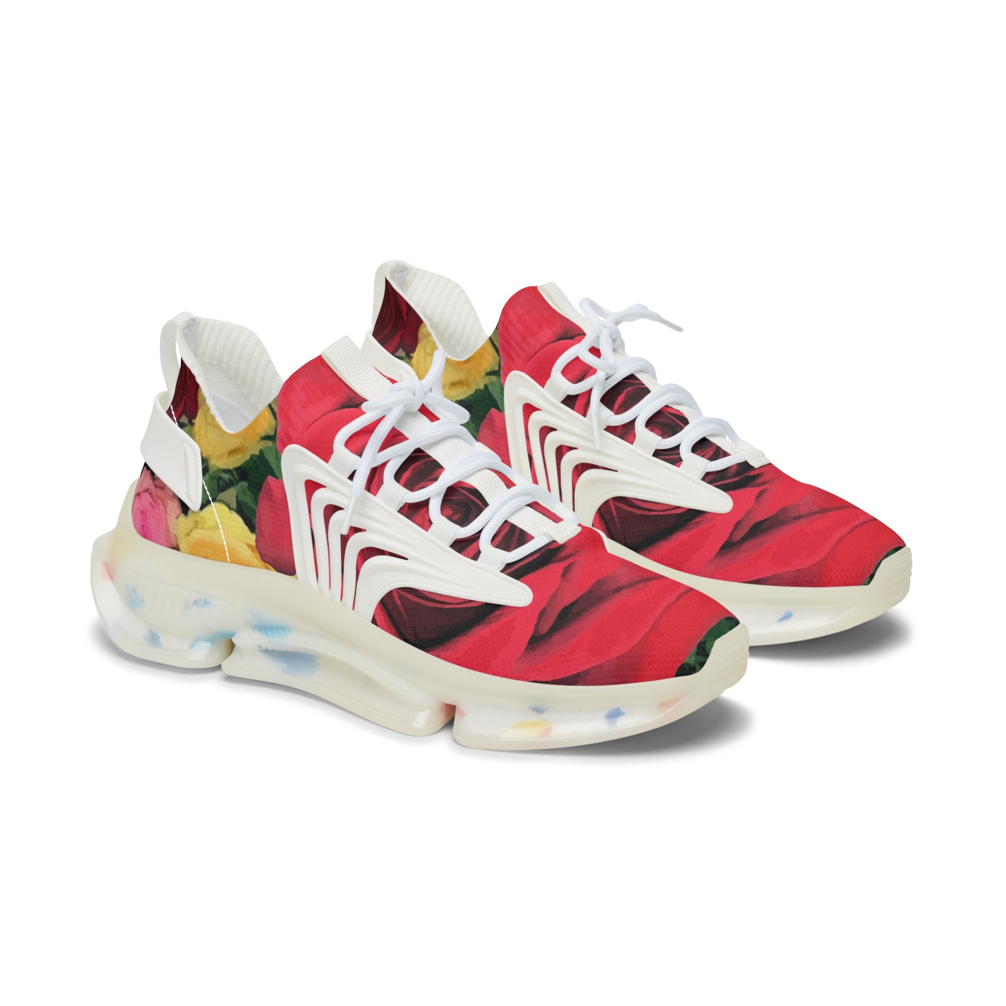 Women's Red and Yellow Roses Mesh Sneakers