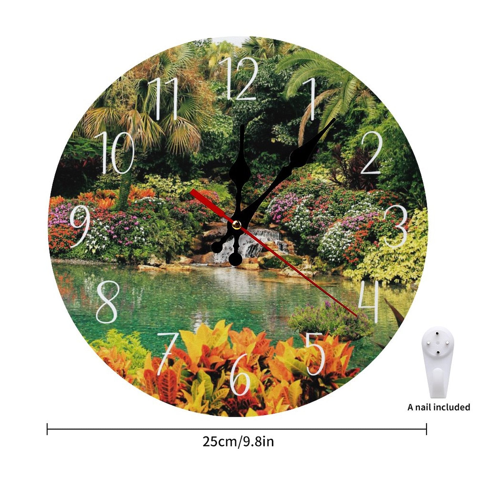 Serene Tropical Garden and Waterfall Modern Wooden Wall Clock