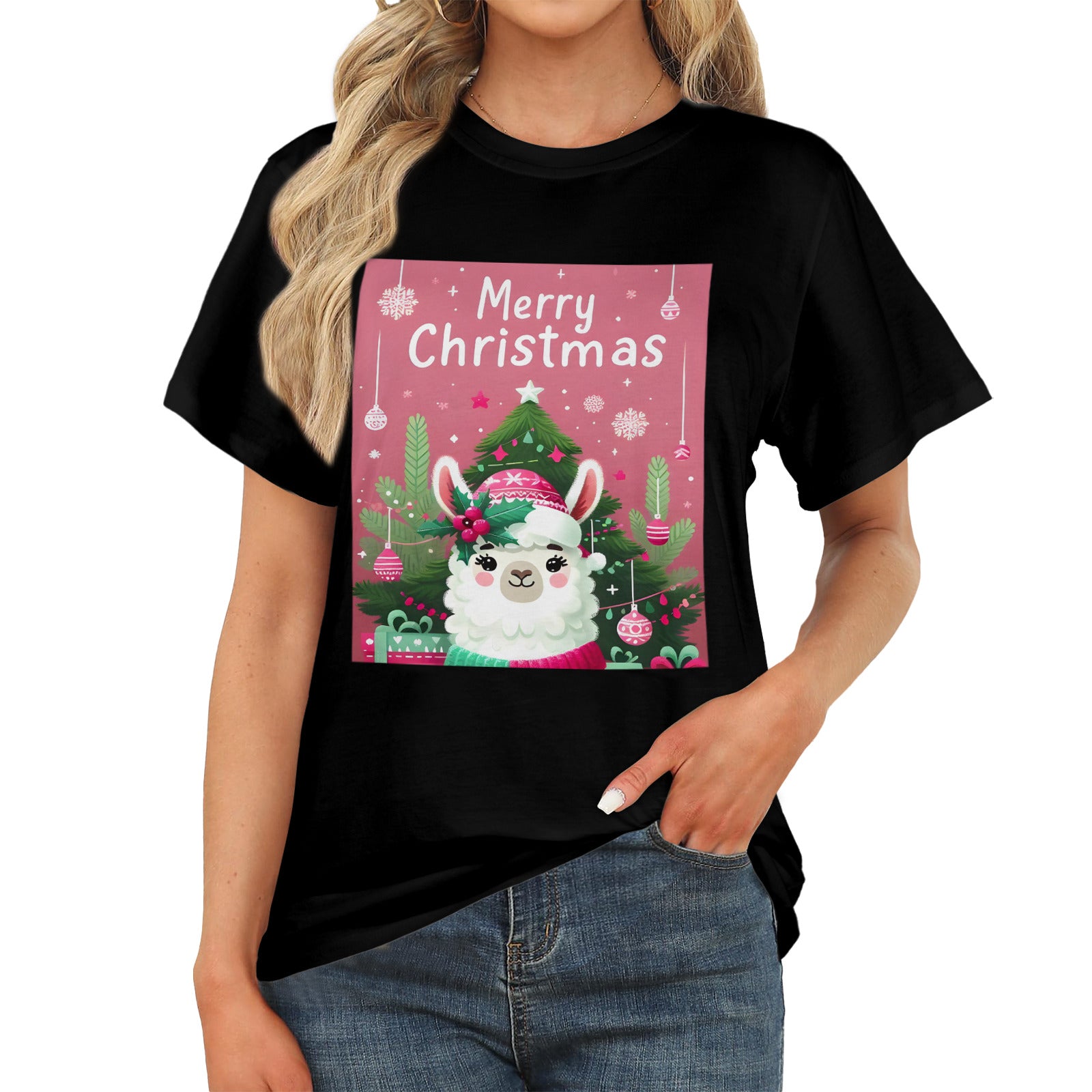 Pink Merry Christmas Llama Design Women's T-Shirt (Made in USA)