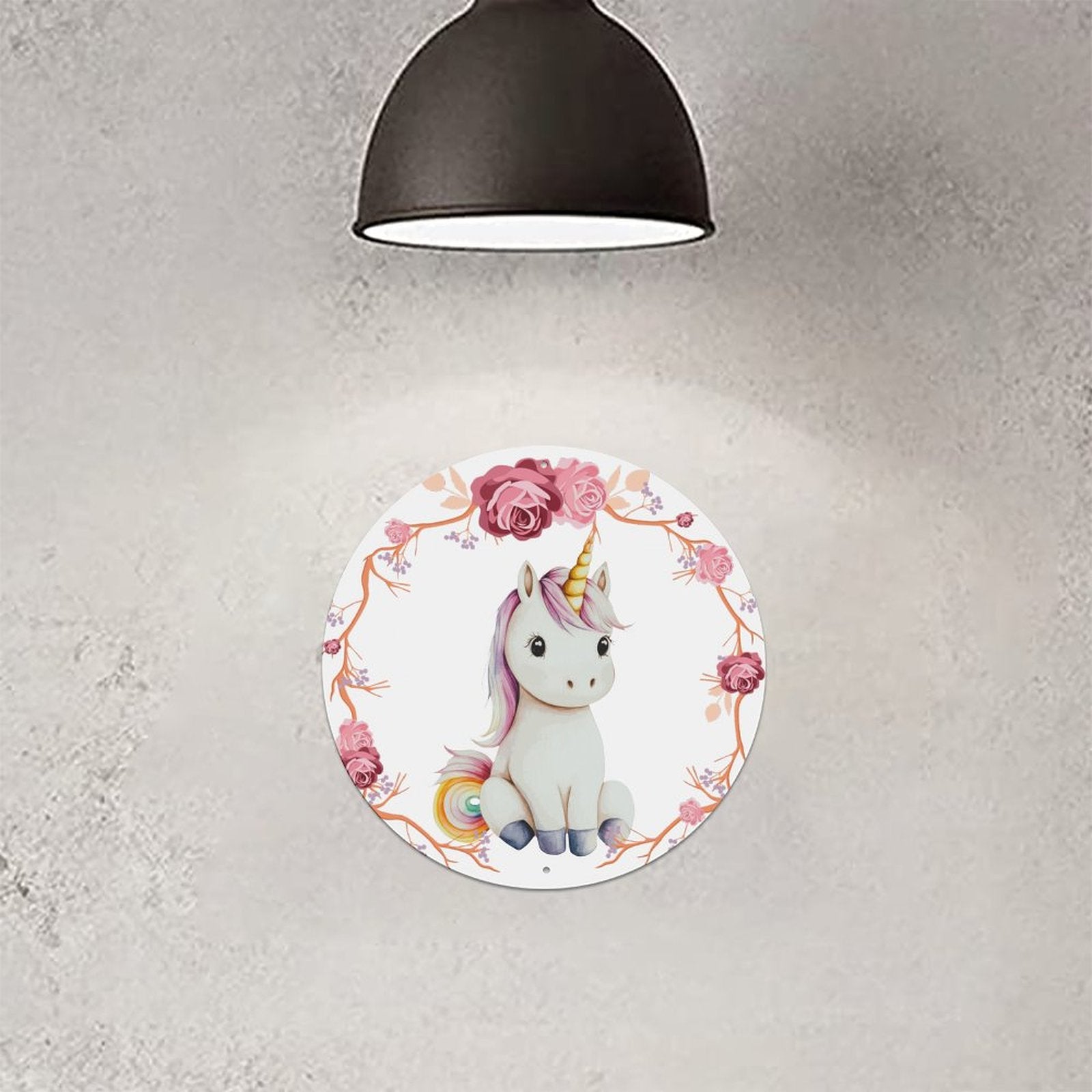 Baby Unicorn with Pink Roses Round Aluminum Plaque Painting
