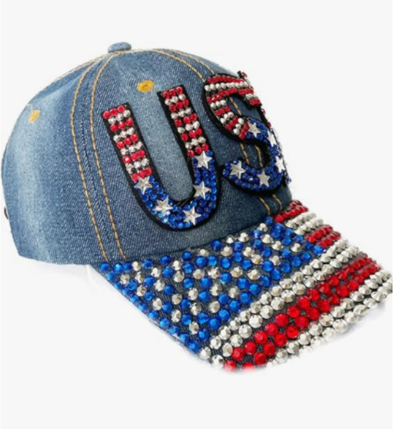 USA Rhinestone Denim Distressed Baseball Cap Hat