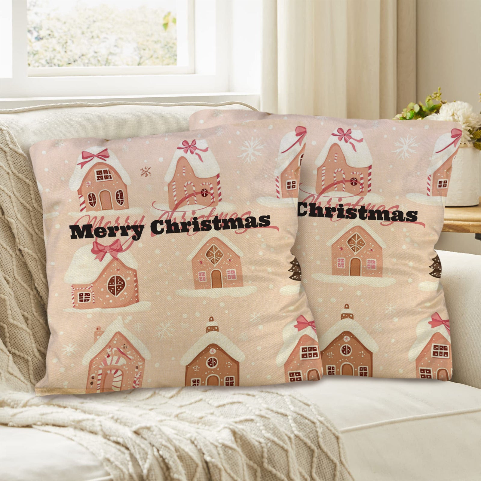 Pink Merry Christmas Pillow Cases Custom Pillow Case 18x18inch (One Side Printing)(Pack of 2)(Made in USA)
