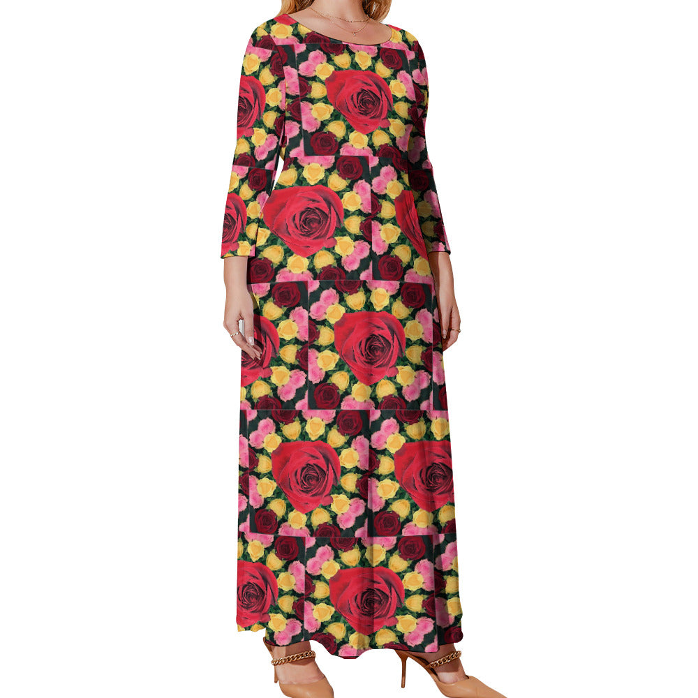 Red Rose Garden Plus Size Long Sleeve Maxi Dress