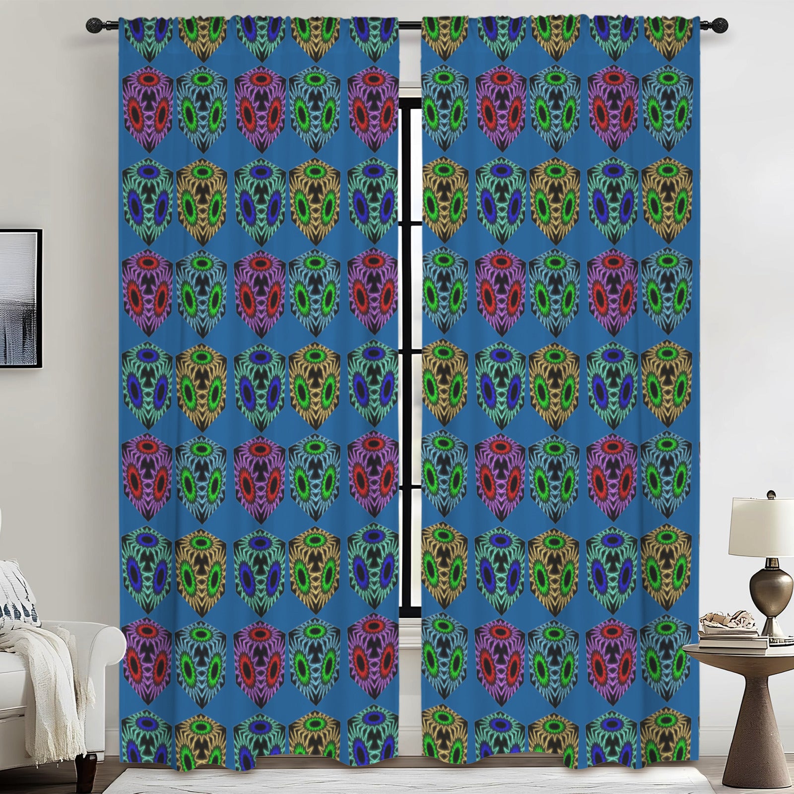 Colorful patterned curtains in a room with a chair and lamp.