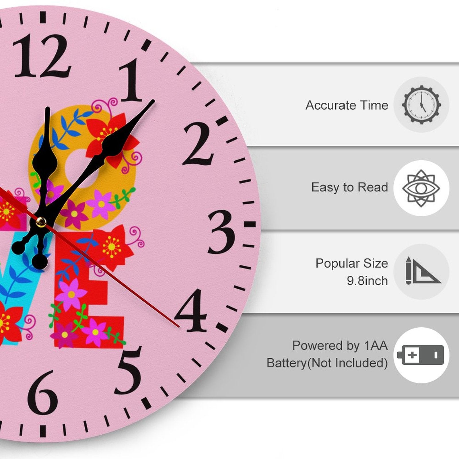 Floral LOVE Pink Modern Wooden Wall Clock