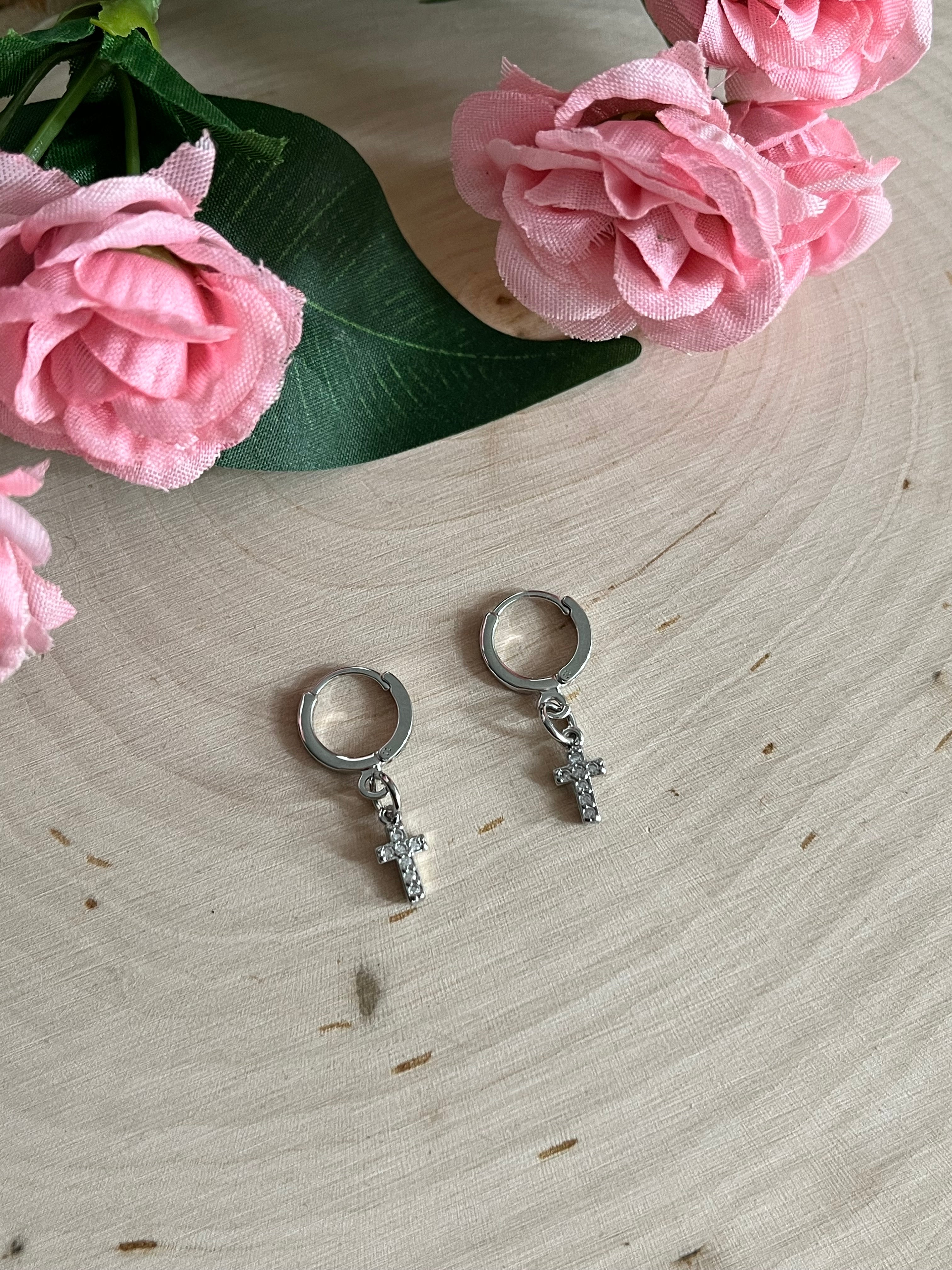 Silver Cross Huggie Earrings