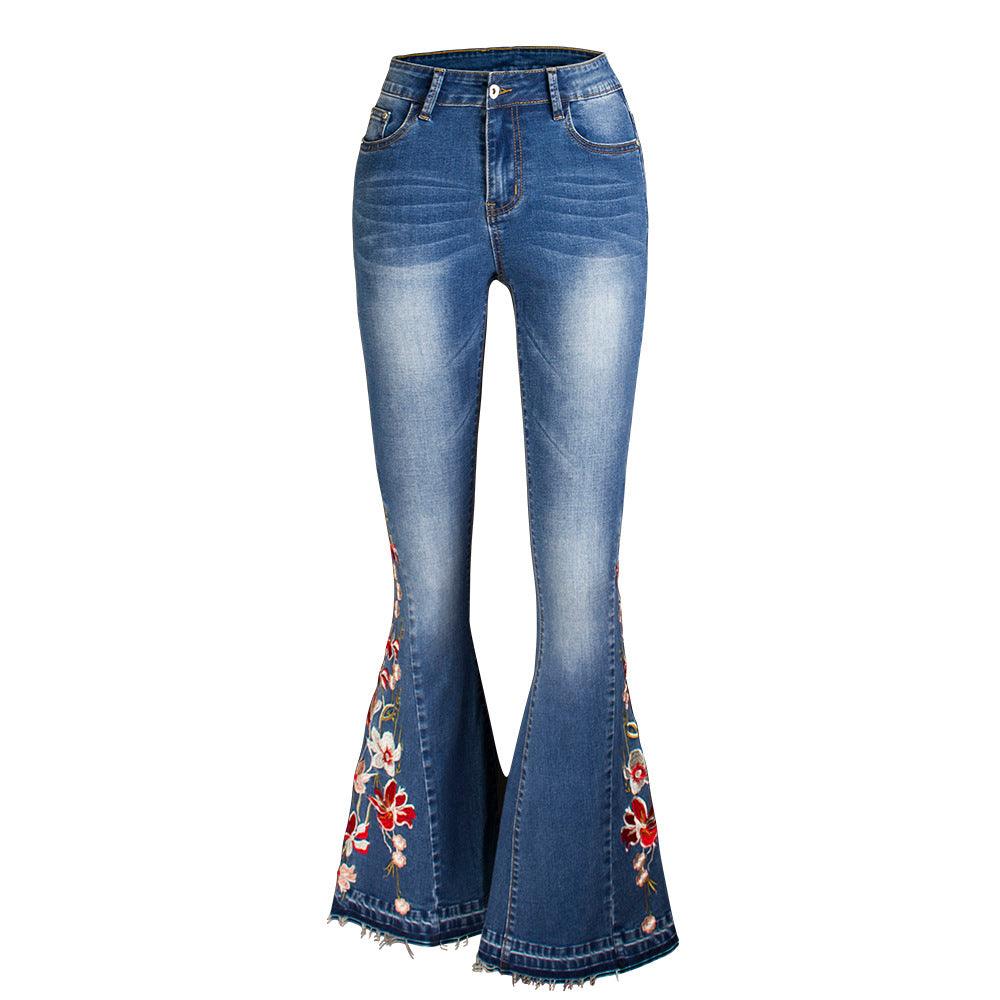 Flared Leg Embroidered Denim Jeans | Cowgirl Style with a Floral Touch