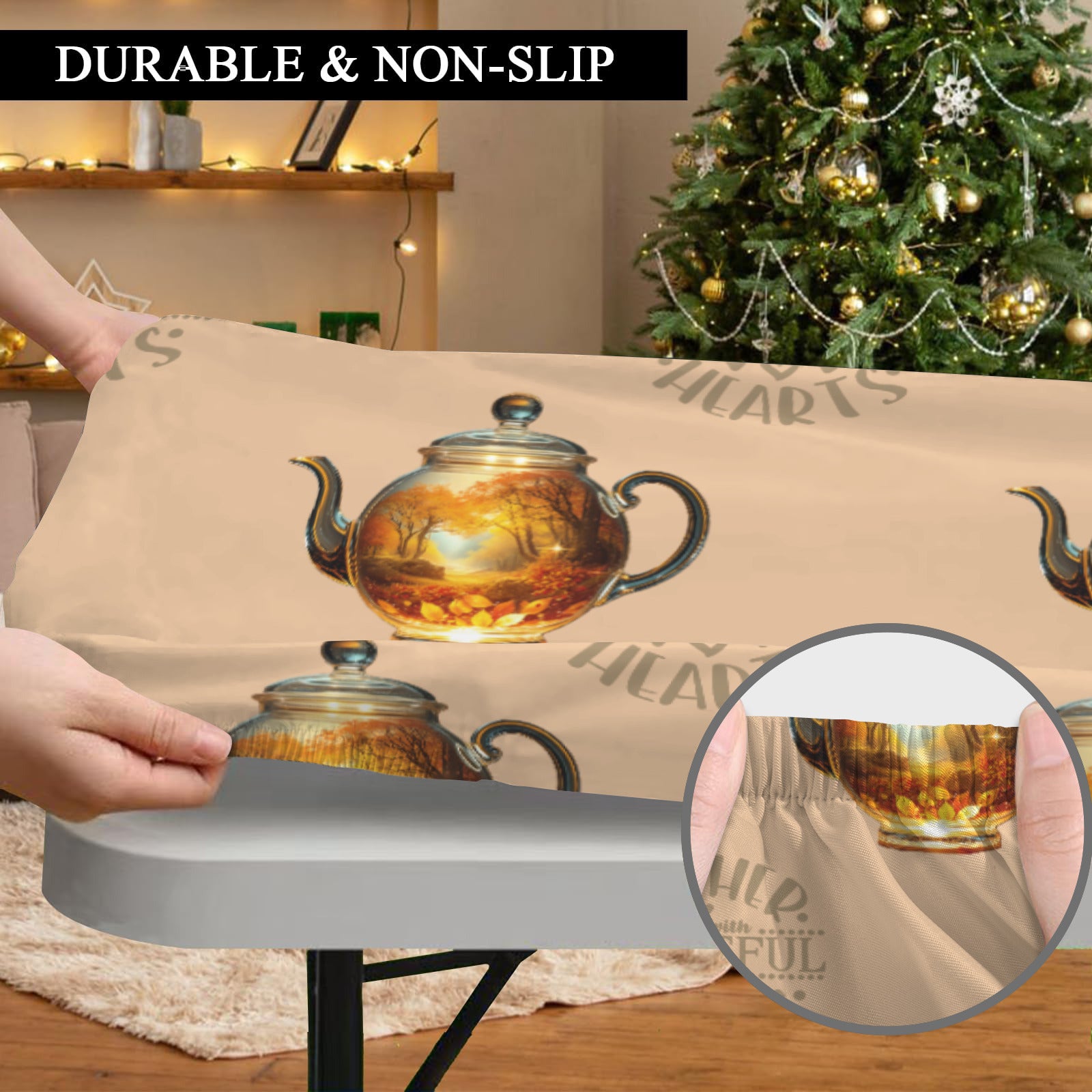 Gather with Grateful Hearts Teapots Thanksgiving Elastic Table Cover - 72