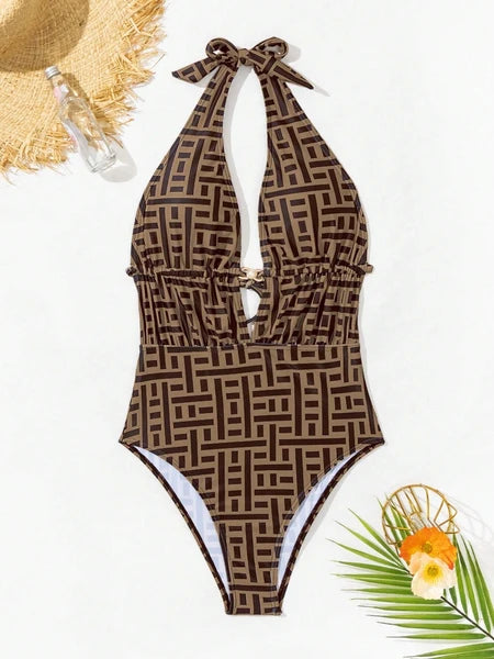 Women's Brown Geometric Print Fashionable One-piece Swimsuit