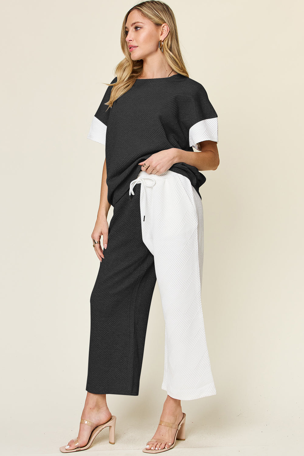 Double Take Full Size Texture Contrast Shirt and Pants Outfit