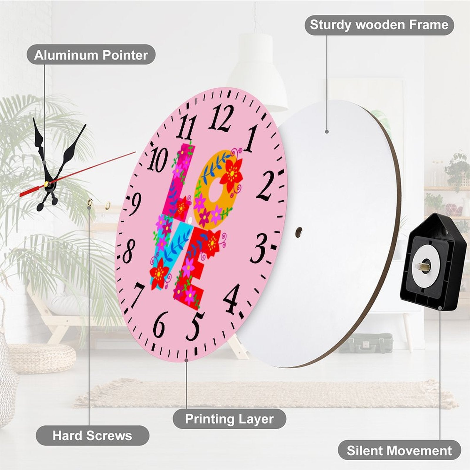 Floral LOVE Pink Modern Wooden Wall Clock