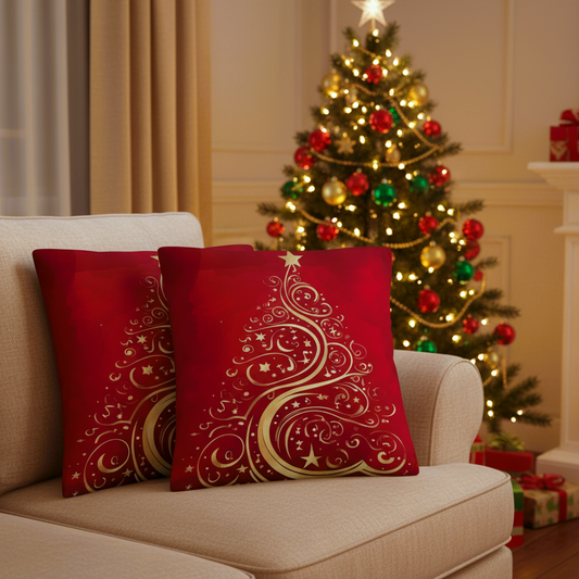 Gold Christmas Tree on Red Pillow Cases Throw Pillow Covers - 18 x 18 inch