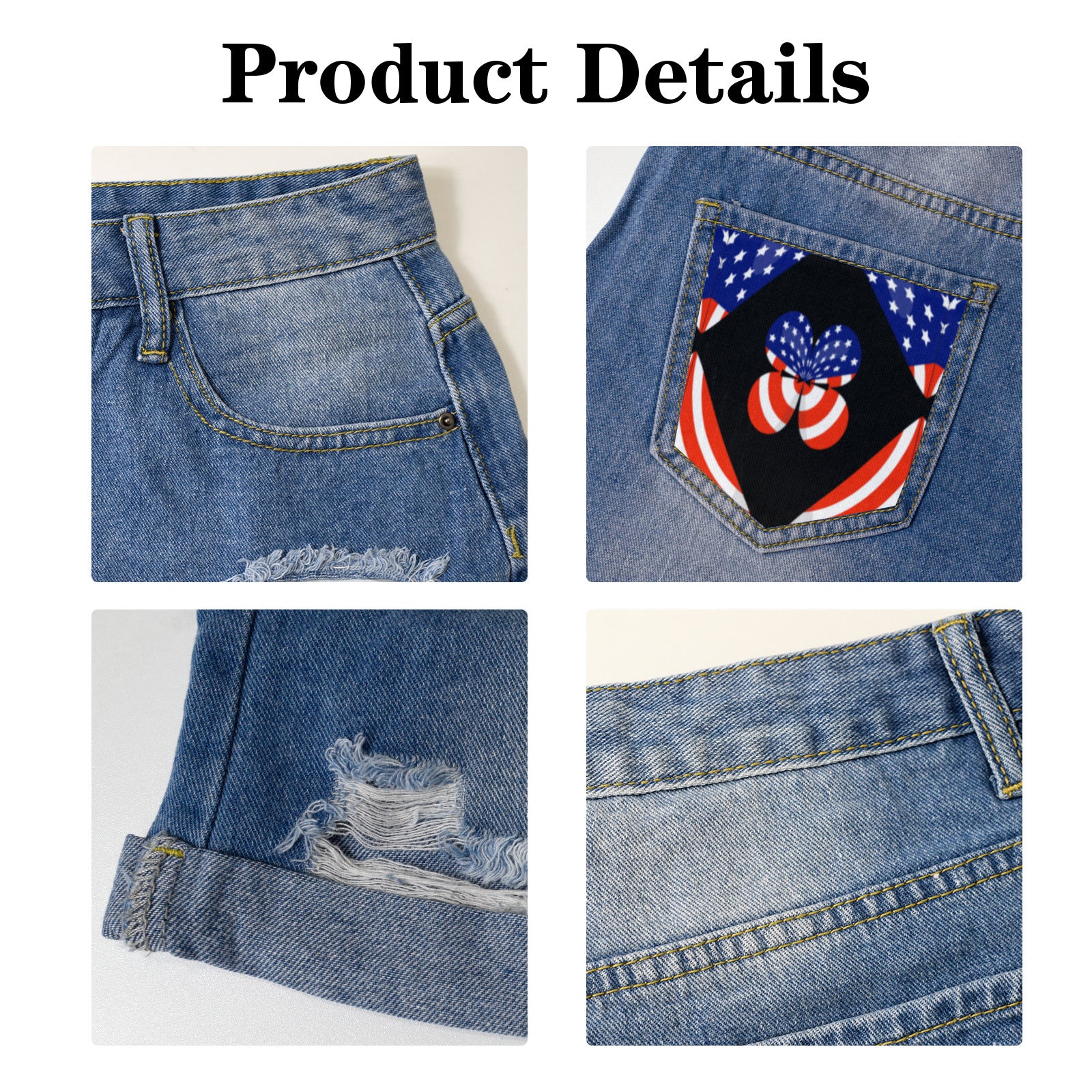 USA Butterfly Light-Wash Blue Denim Shorts (Dual Pockets Print)