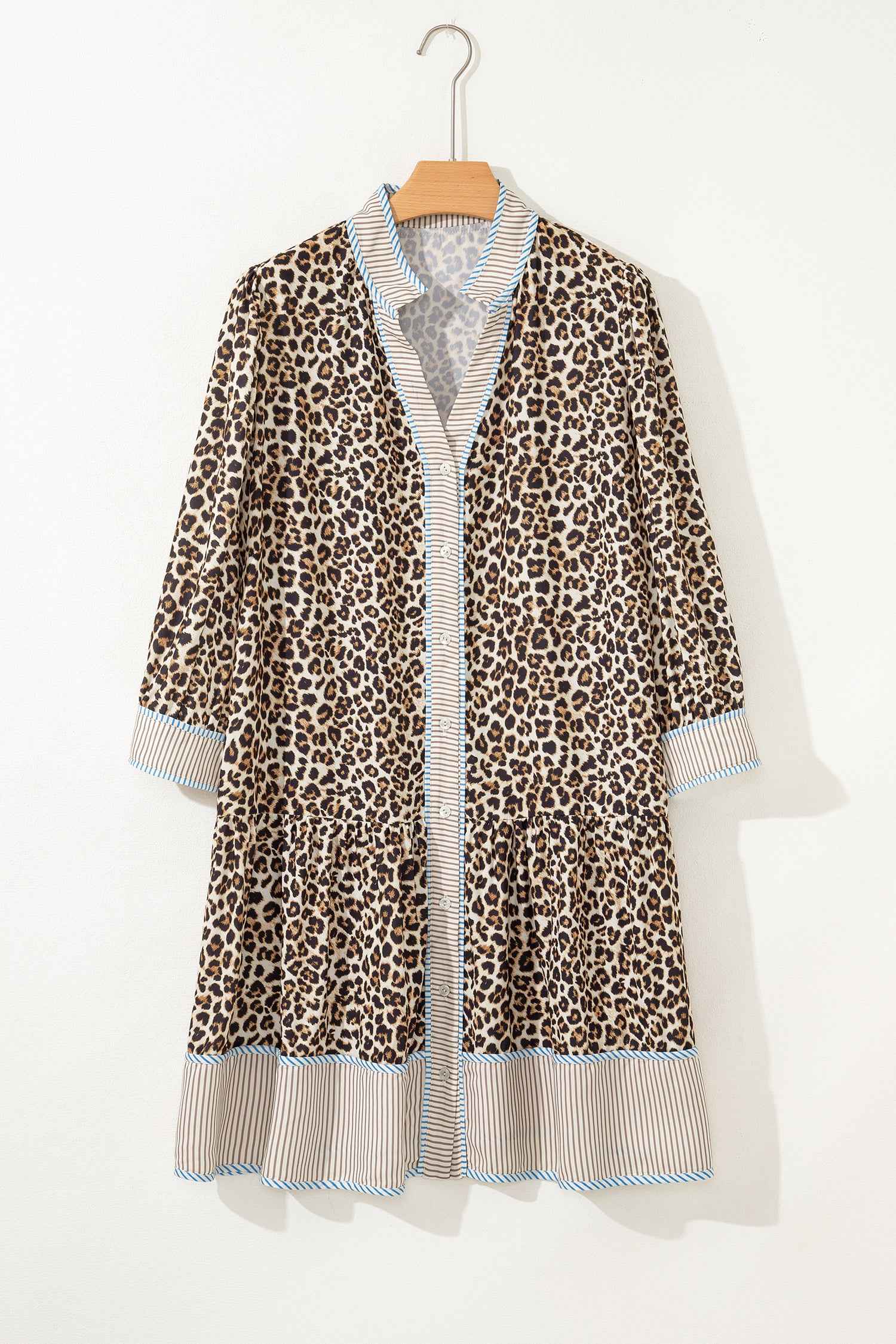 Khaki Plus Size Leopard Print Striped Trim V Neck Drop Waist Long Sleeve Mini Dress