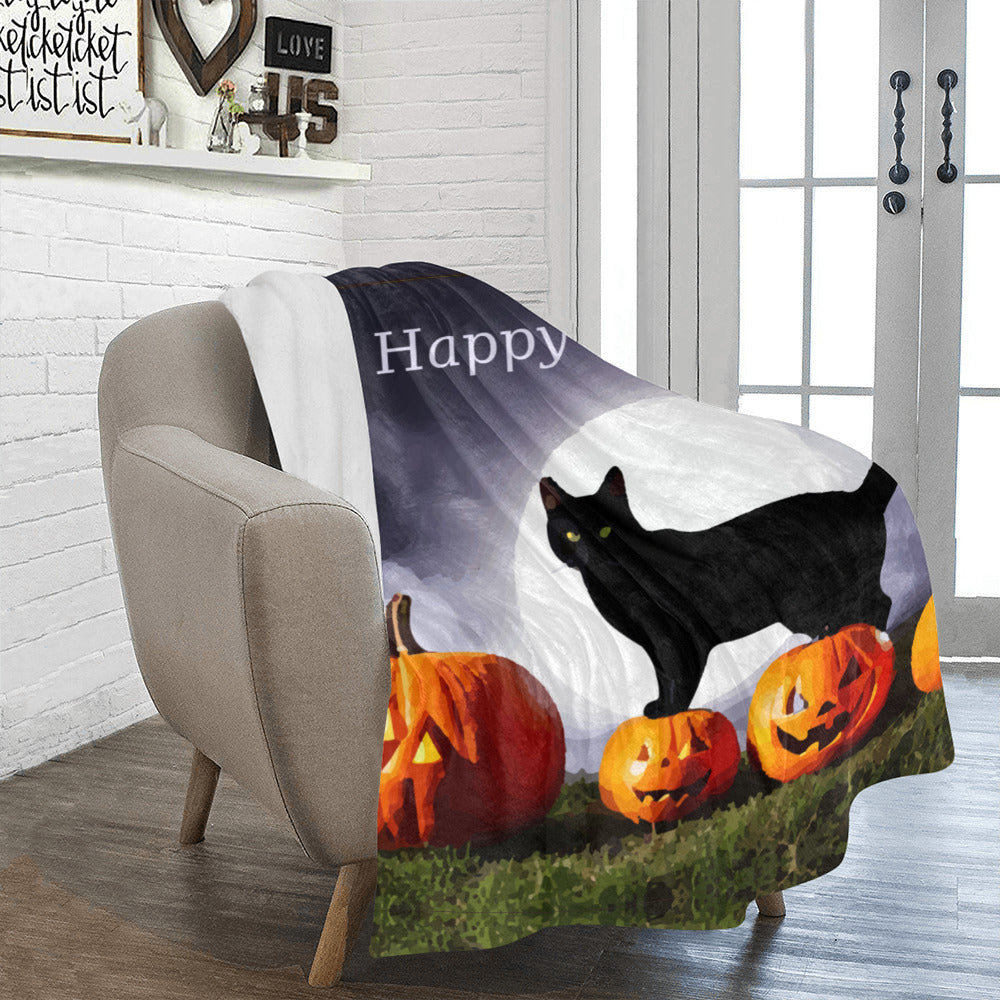 Halloween Black Cat on Orange Pumpkins Ultra Soft Blanket 43