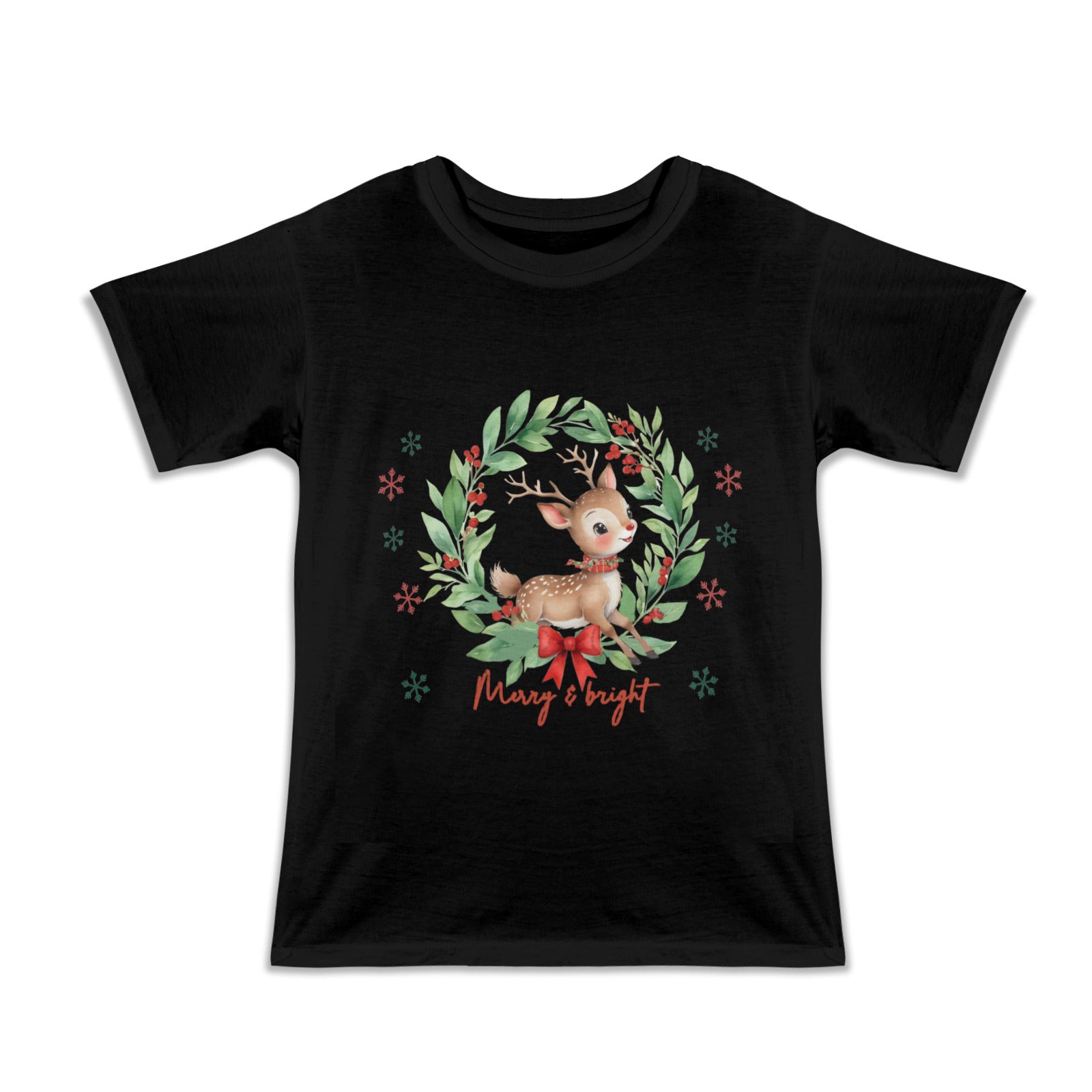 Merry & Bright Reindeer Christmas Kids' Black T-Shirt (Made in USA)