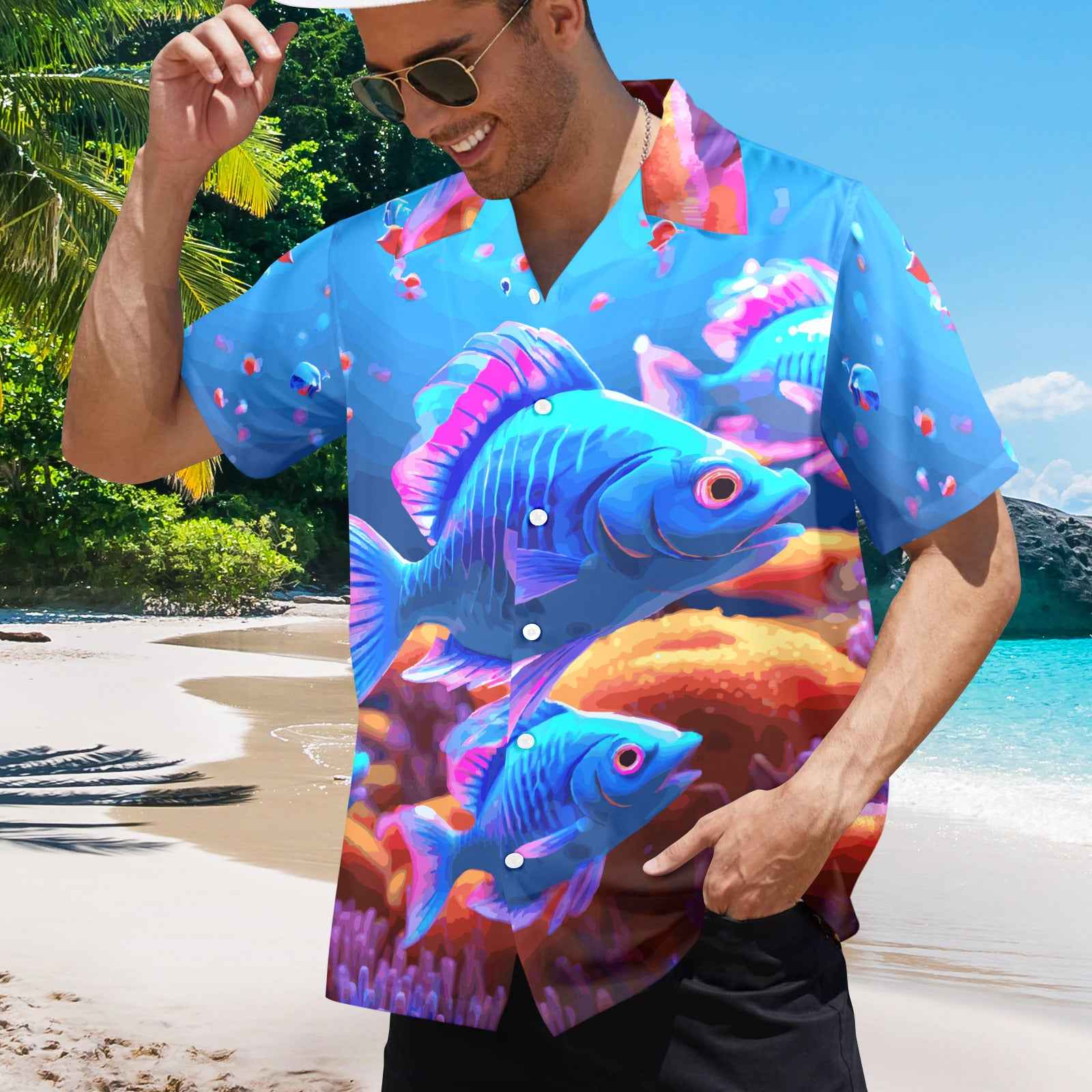 Blue Fish Men's All Over Print Hawaiian Shirt (Model T58)