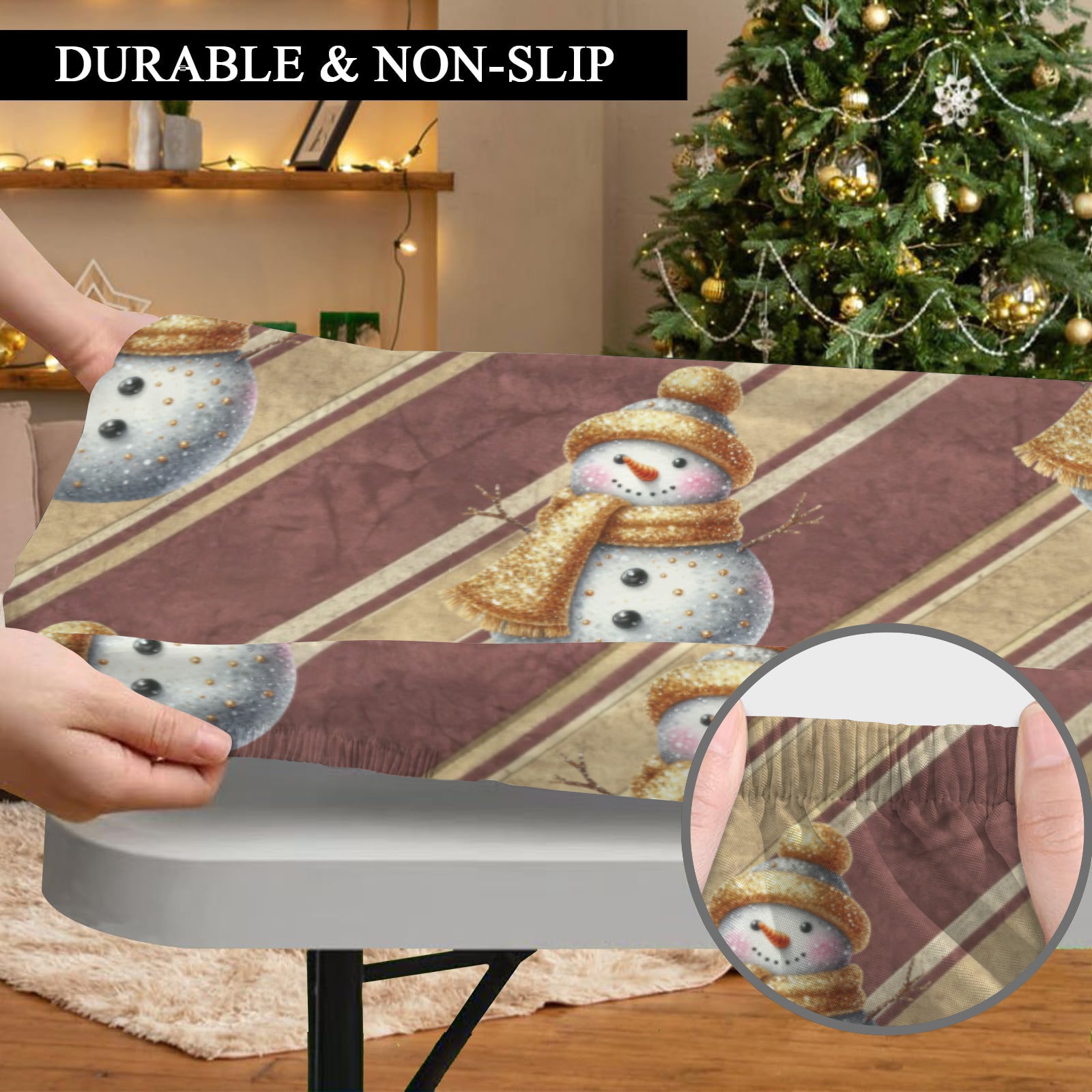 Sparkly Snowman on Red Stripes Elastic Fitted Tablecloth - 72