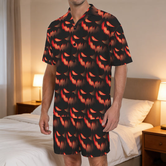 Orange Spooky Face Pattern Men's V-Neck Short Pajama Set