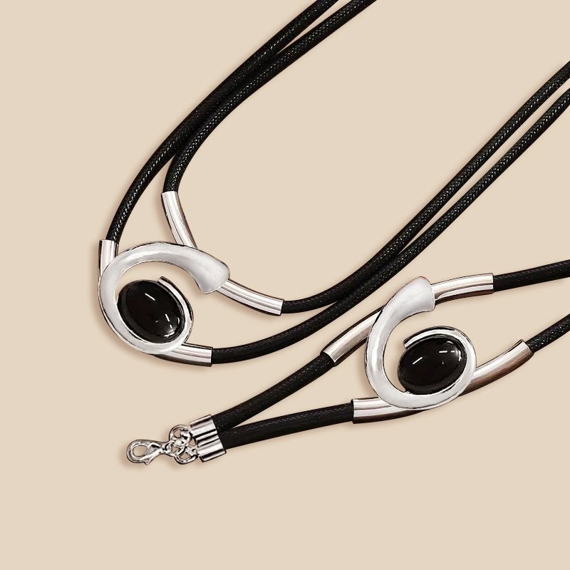 Modern Elegance Black and Silver Leather Choker Set and Bracelet Combo