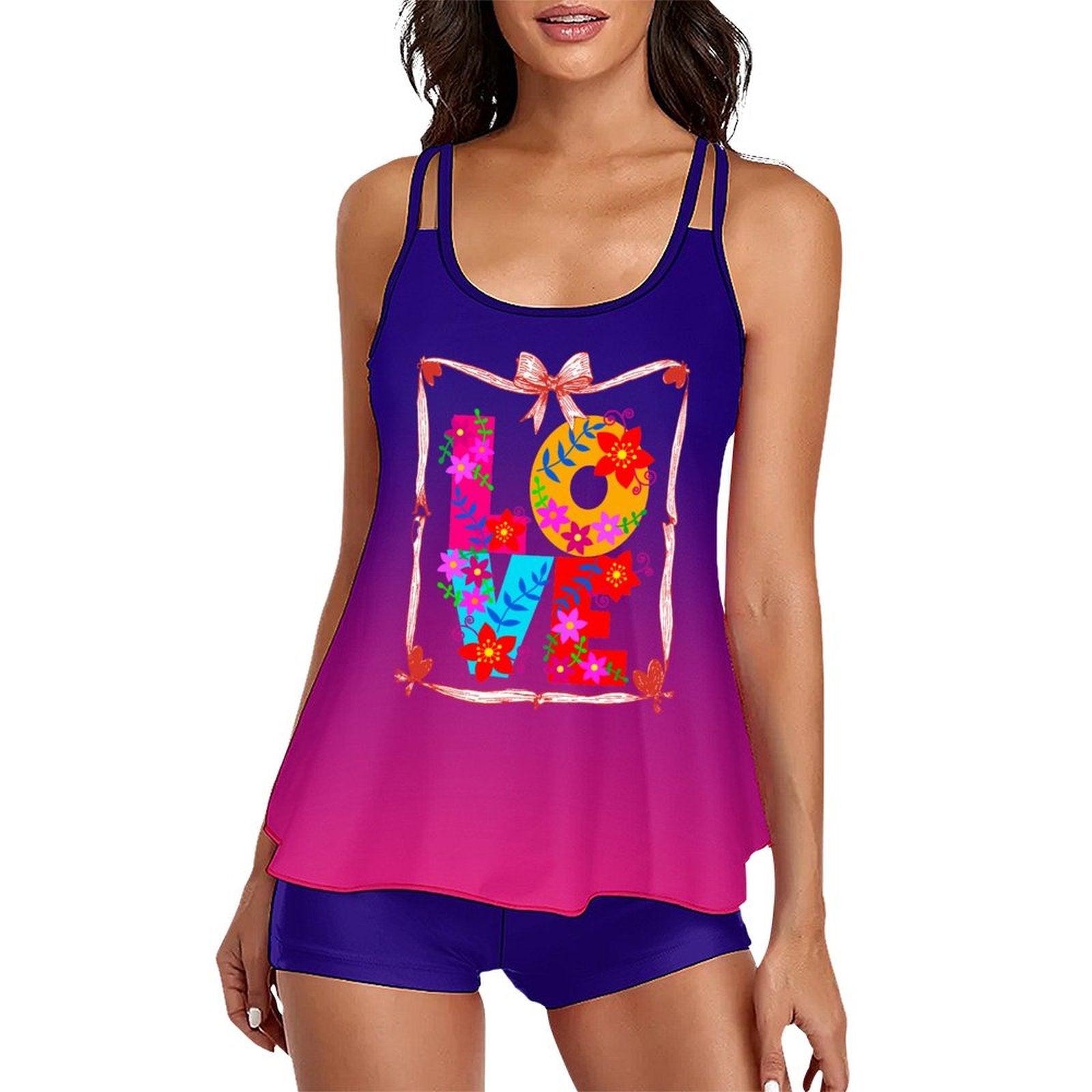 Floral LOVE Tankini Two-Piece Swimsuit for Women (Front Printing)