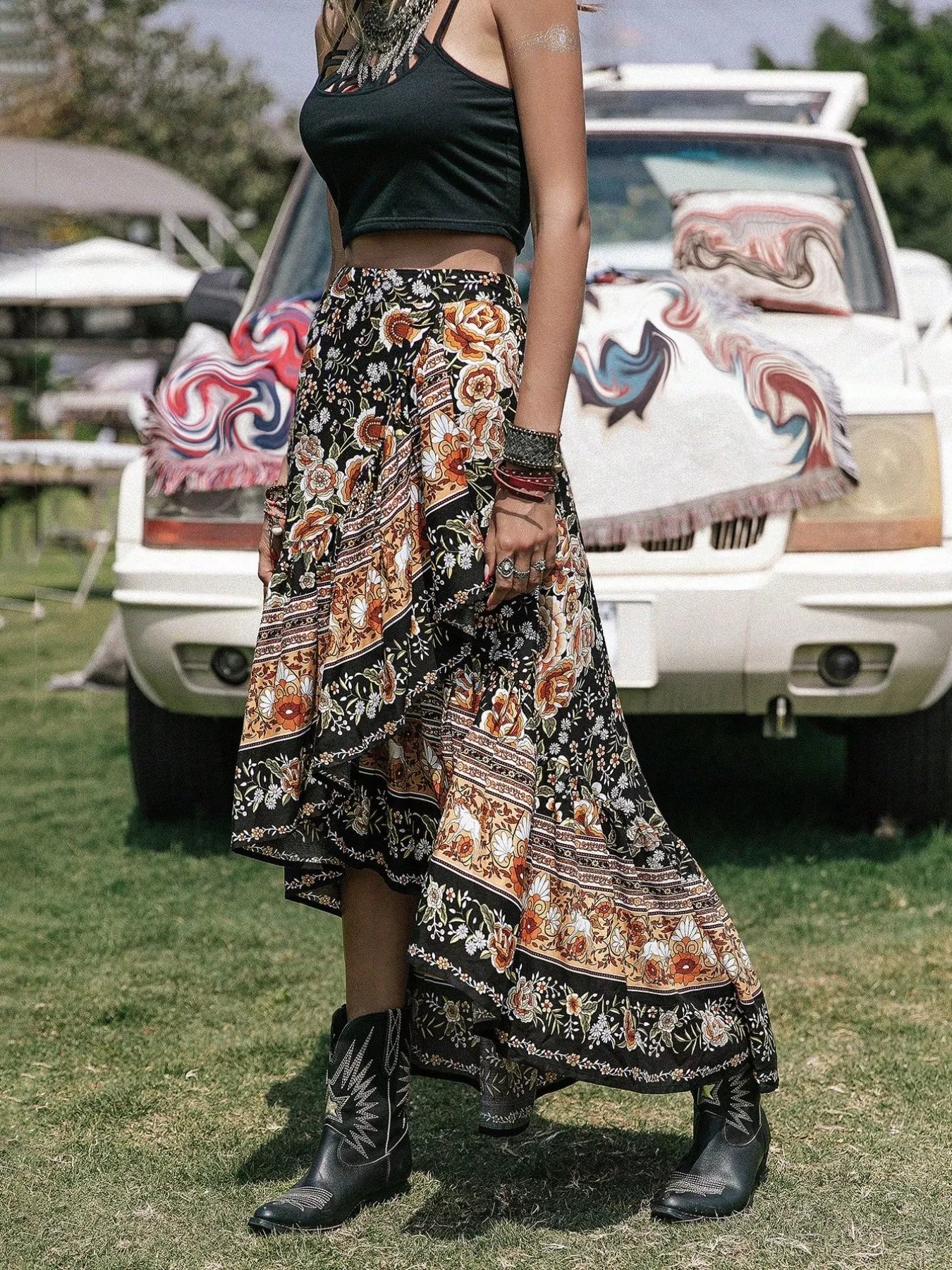 Plus Size Boho Floral Print High-Low Skirt
